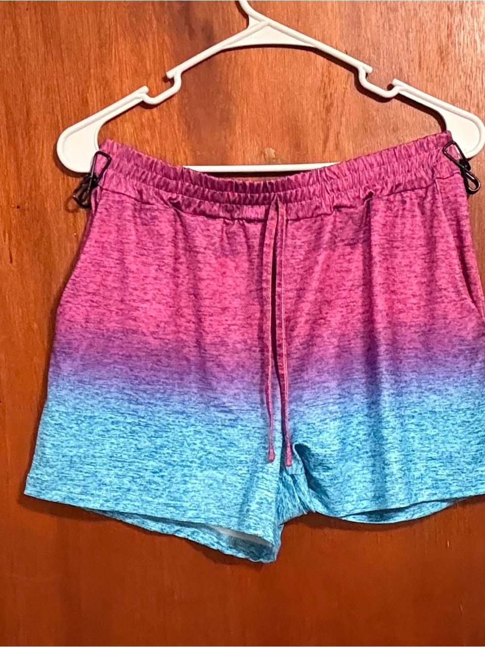 Womens L Pink Blue Ombre Space Dye Athletic Shorts Elastic Drawstring Waist